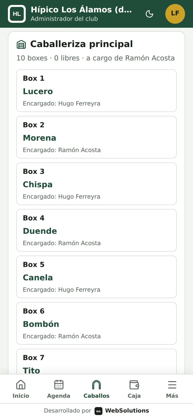 Caballeriza con cada box, su caballo y su encargado