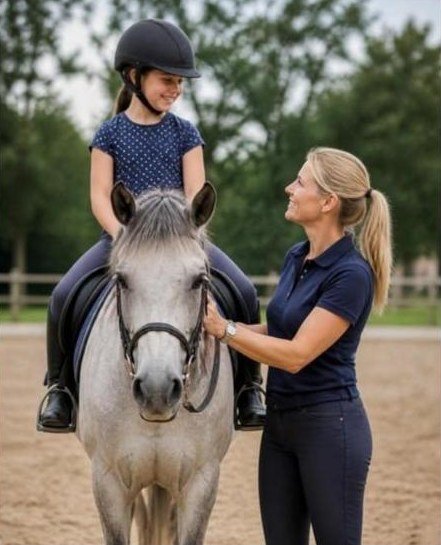 Profesora con una alumna montando un poni