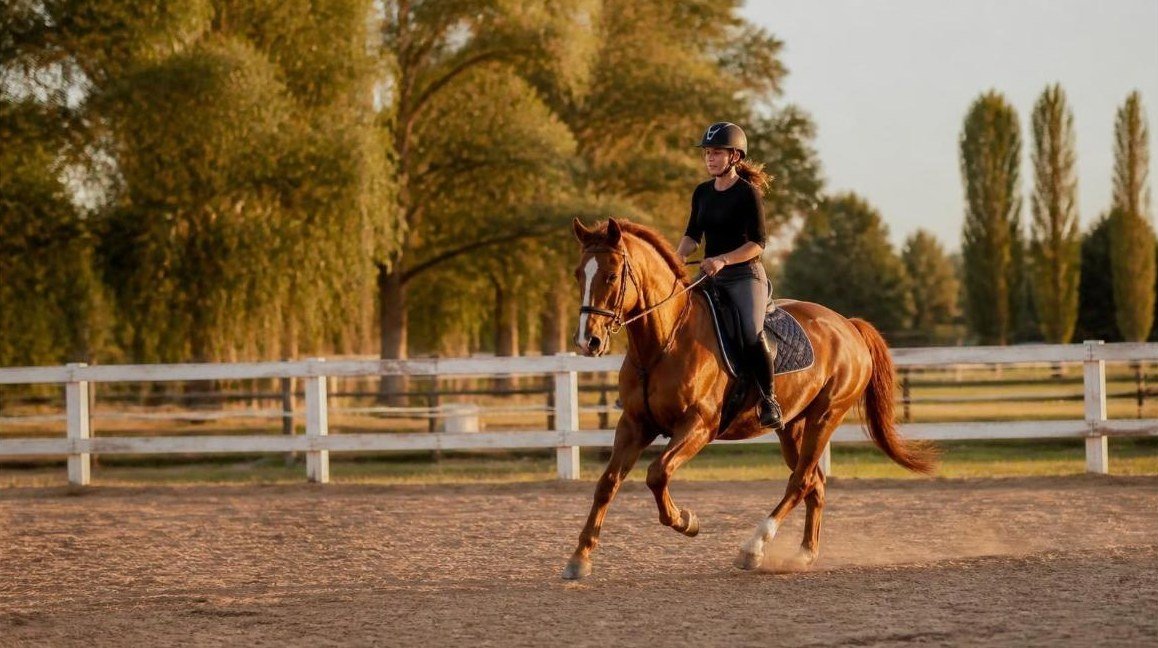 Jinete en la pista de un club hípico al atardecer